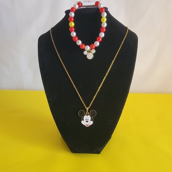 Mickey Mouse Charm Necklace & Bracelet Set & Free Tinkerbell Necklace Size M-L - Picture 1 of 12